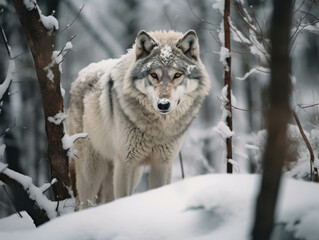 Obraz premium Majestic Wolf Standing in a Snowy Forest with a Curious and Intense Gaze Amidst Snow-Covered Trees