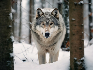 Obraz premium Majestic Wolf Standing in a Snowy Forest with a Curious and Intense Gaze Amidst Snow-Covered Trees