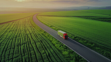 A red and green truck travels along a winding road through expansive, vibrant green fields as the sun sets.