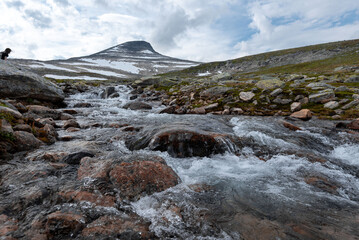 Fototapeta premium Flowing water down a mountain stream at the arctic circle on Bolnatind, Helgeland, Norway. Wild polar falls in northern scandinavia. Fjelltur in norwegian wetlands and mountains. High resolution