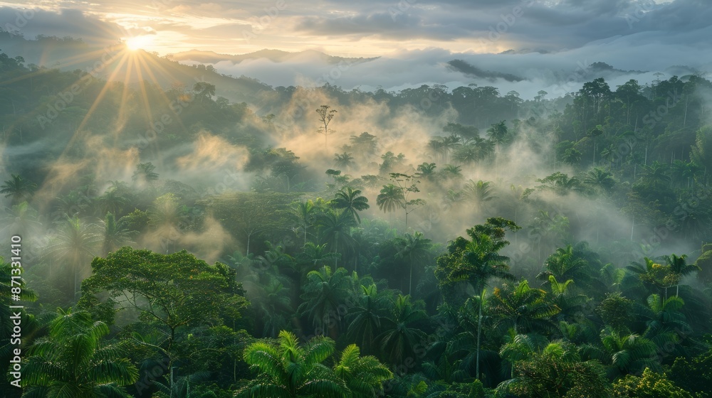 Poster panoramic view of the dense, mist-covered rainforest at dawn, with the first rays of sunlight breaki