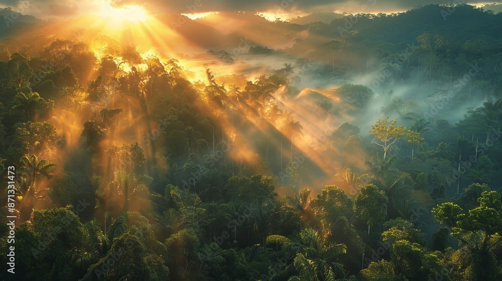 Poster panoramic view of the dense, mist-covered rainforest at dawn, with the first rays of sunlight breaki