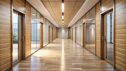 Empty modern corridor with beige walls, floor-to-ceiling windows, and sleek wooden door at the end, flooded with natural light.