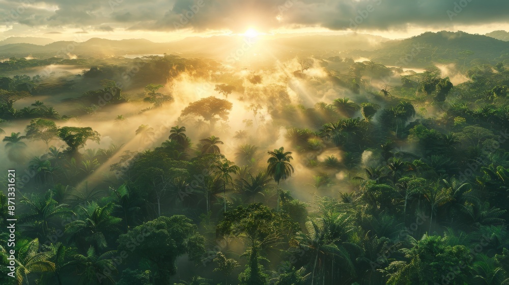 Poster panoramic view of the dense, mist-covered rainforest at dawn, with the first rays of sunlight breaki