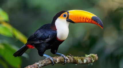 Fototapeta premium colorful toucan perched on a branch in the rainforest, its bright plumage standing out against the green backdrop of the forest Generative AI