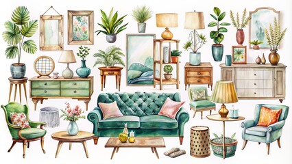 Obraz premium Whimsical watercolor illustrations of stylish furniture pieces, decorative accents, and textiles, composing a charming interior design room collection.