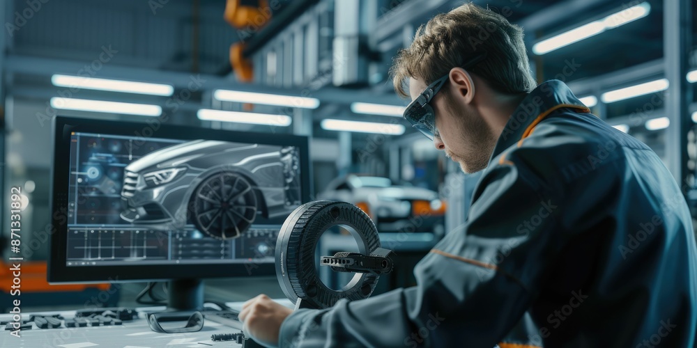 Poster smart industrial worker working and checking mechanic parts at production line in factory by using i
