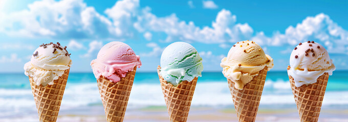 Ice cream cones on a tropical beach with delicious toppings, against a blue sky background. Perfect for summer holiday vibe.