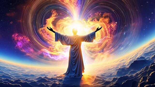 Zooming out from God from behind with arms spread creating the heavens and the Earth surrounded by magnetic fields. For prayer meme.