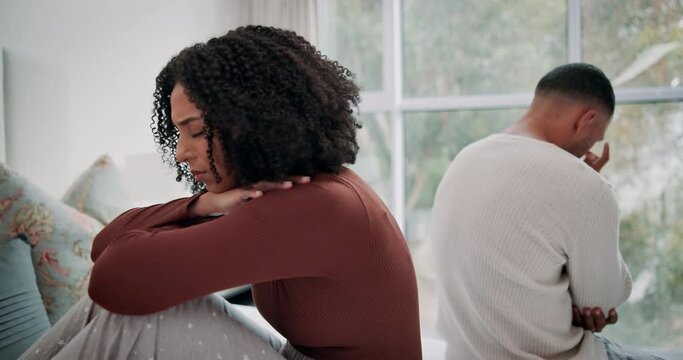 Sad, woman and couple with fighting on bed for toxic marriage divorce, conflict and problem at home. Frustrated, person and stress by man with anxiety for argument, infidelity and betrayal in affair