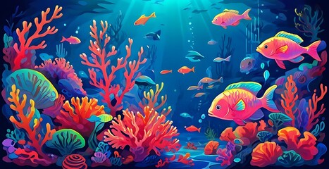 Colorful coral reef with fish swimming.