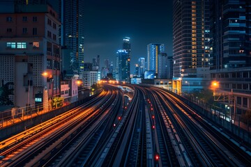 Naklejka premium A city skyline at night with train tracks running through it