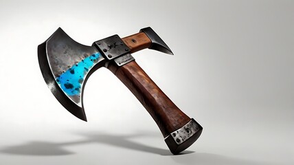 a metal axe head with a sharpened blade and a wooden handle resting on a white surface