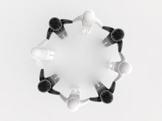 手を繋いで輪になる人々　アイコン　俯瞰　白黒　3Dイラストレーション