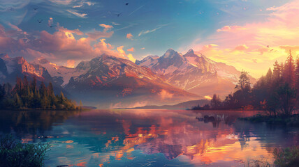 Serene Mountain Lake at Sunset