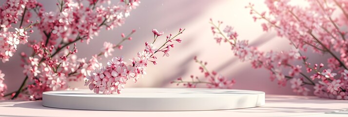 Background podium 3D spring flower product beauty pink display nature. 3D podium stand background scene floral mockup cosmetic white blossom summer abstract shadow platform minimal design render stage