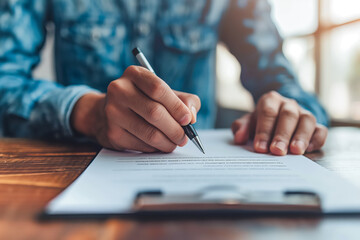 Fototapeta premium Couple signing a contract on a meeting with real estate agent