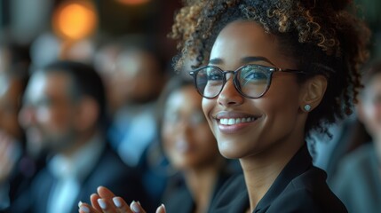 focus on a smiling black businesswoman claps joyfully at an event, set against an office background in featuring hyper-realistic details and natural light.