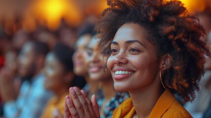 focus on a smiling black businesswoman claps joyfully at an event, set against an office background in featuring hyper-realistic details and natural light.