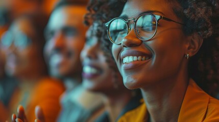 focus on a smiling black businesswoman claps joyfully at an event, set against an office background in featuring hyper-realistic details and natural light.