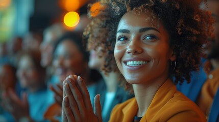focus on a smiling black businesswoman claps joyfully at an event, set against an office background in featuring hyper-realistic details and natural light.