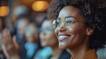 focus on a smiling black businesswoman claps joyfully at an event, set against an office background in featuring hyper-realistic details and natural light.