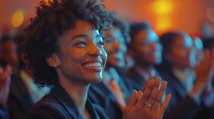 focus on a smiling black businesswoman claps joyfully at an event, set against an office background in featuring hyper-realistic details and natural light.