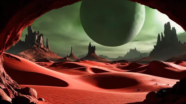 Fantastic martian landscape in rusty orange shades, Mars surface, Desert, Cliffs, sand. Alien landscape. Red planet mars. High quality 4k footage