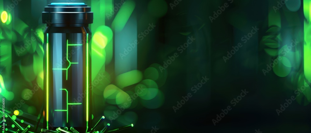 Poster futuristic glowing tube with neon lights surrounded by abstract shapes, creating a sci-fi atmosphere