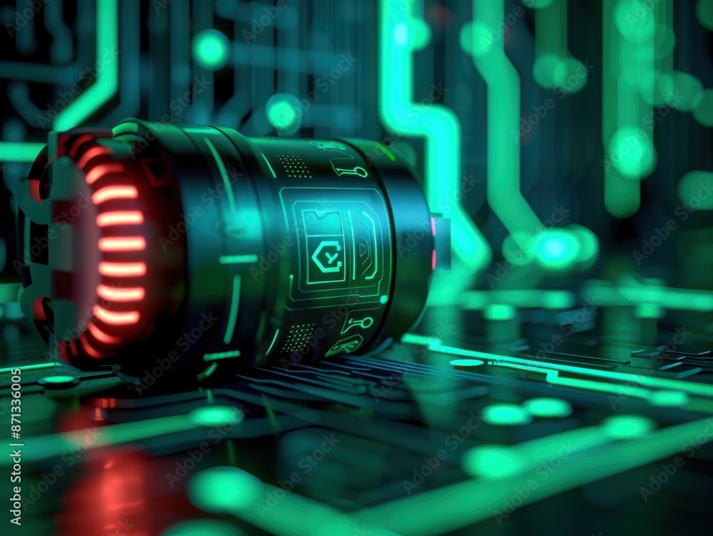 Poster futuristic technology microchip with glowing green circuitry and a cylindrical electronic component 