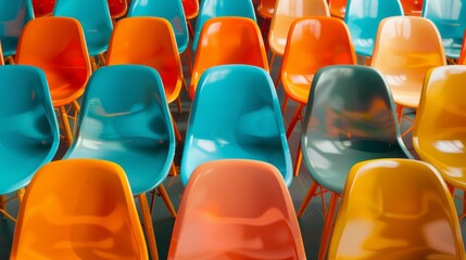 Naklejka premium Multiple colorful plastic chairs in rows, abstract pattern. Modern interior design and seating concept