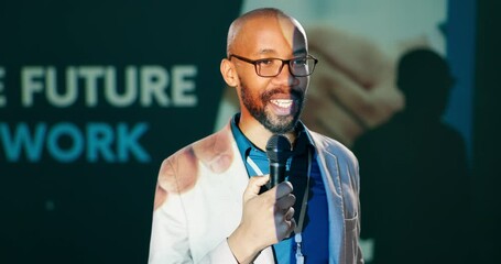 Speaker, man and speech of motivation, stage and public speaking with mic, equality and advice for business. Presenter, architect and talking of collaboration for future, work and person in workshop - Powered by Adobe