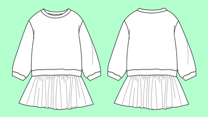 Obraz premium Girls sweatshirt with tutu fashion flat sketch with front and back view vector. 