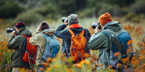 A group of birdwatchers observing wildlife in their natural habitat, binoculars raised and cameras ready
