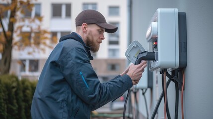 A technician in high-visibility clothing installs an electric vehicle charger, contributing to the infrastructure of sustainable transportation. AIG41