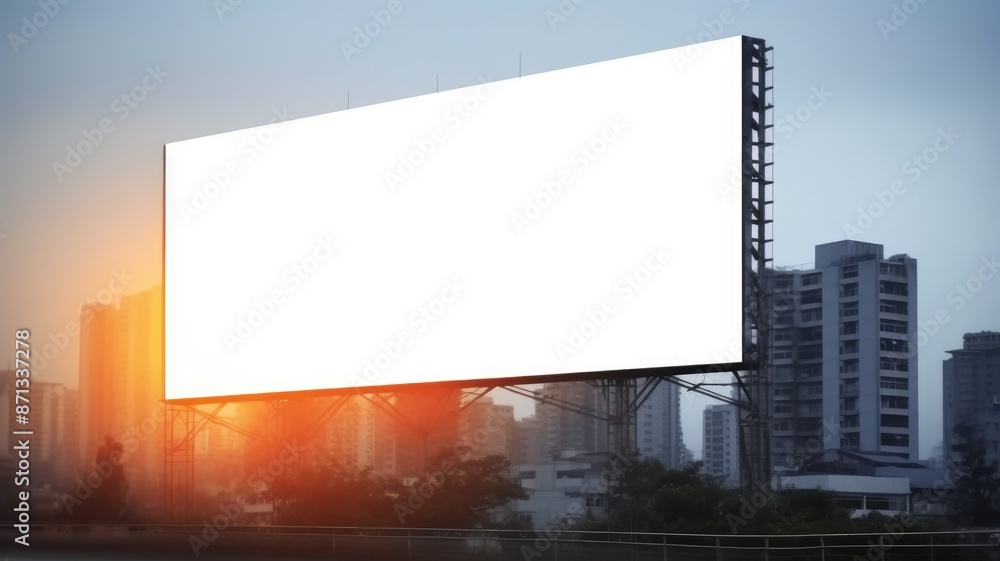 Poster a picture of billboard with white color blank space setting in between building of city. a large big
