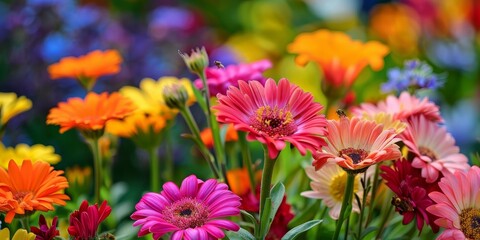 A vibrant flower garden in full bloom, attracting bees and butterflies with its riot of colors and fragrances