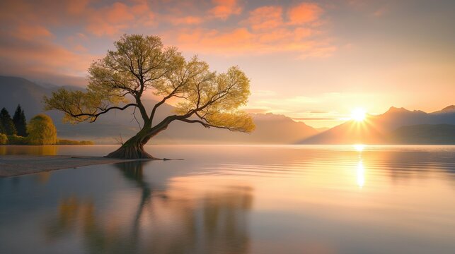 That Wanaka Tree at sunrise, Wanaka, New Zealand, peaceful morning, vibrant colors, serene lake