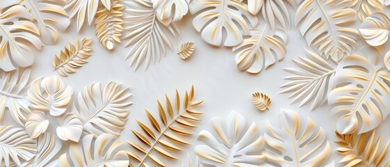 Obraz premium Elegant White and Gold Tropical Leaves Pattern on Light Background - Modern Botanical Design