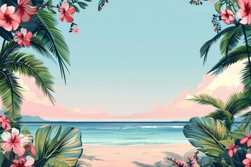 Tropical Paradise: Beach View Framed by Lush Foliage