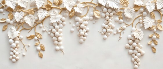 Elegant White and Gold Grapevine Wall Art - Luxurious 3D Decorative Design with Leaves and Grapes