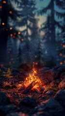 Fototapeta premium Campfire in forest at dusk, glowing embers and warm light. Outdoor adventure and camping concept