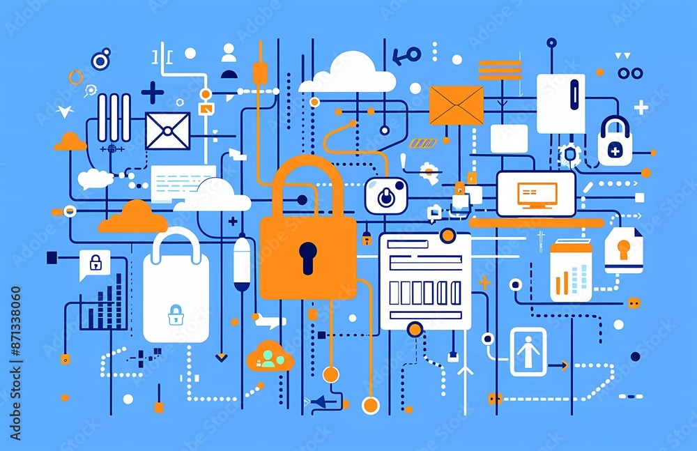 Poster flat vector illustration of computer, file and lock icons with security concept