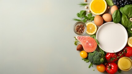 Top view of a balanced diet with organic food for healthy nutrition, featuring fresh fruits, vegetables, and whole grains on a clean white background, highlighting the importance of nutritious eating 