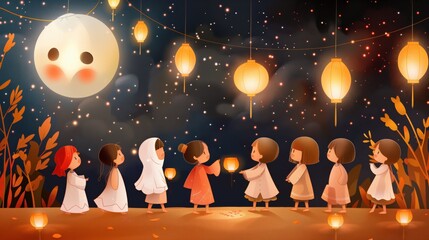 Children Watching Lanterns on a Night Sky.