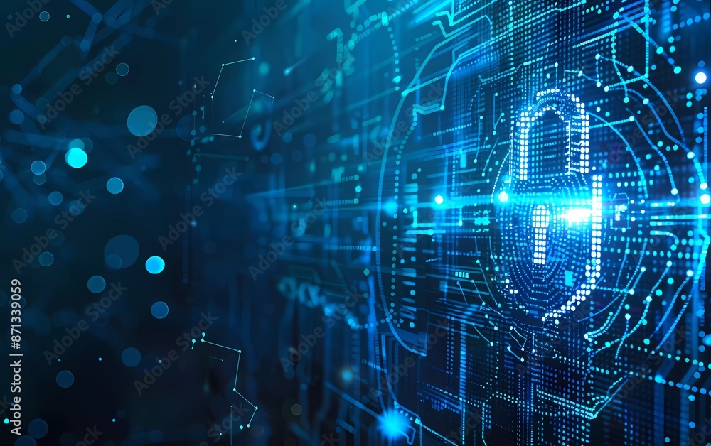 Poster blue digital background vector with a lock symbol and data security concept for online business, cyb