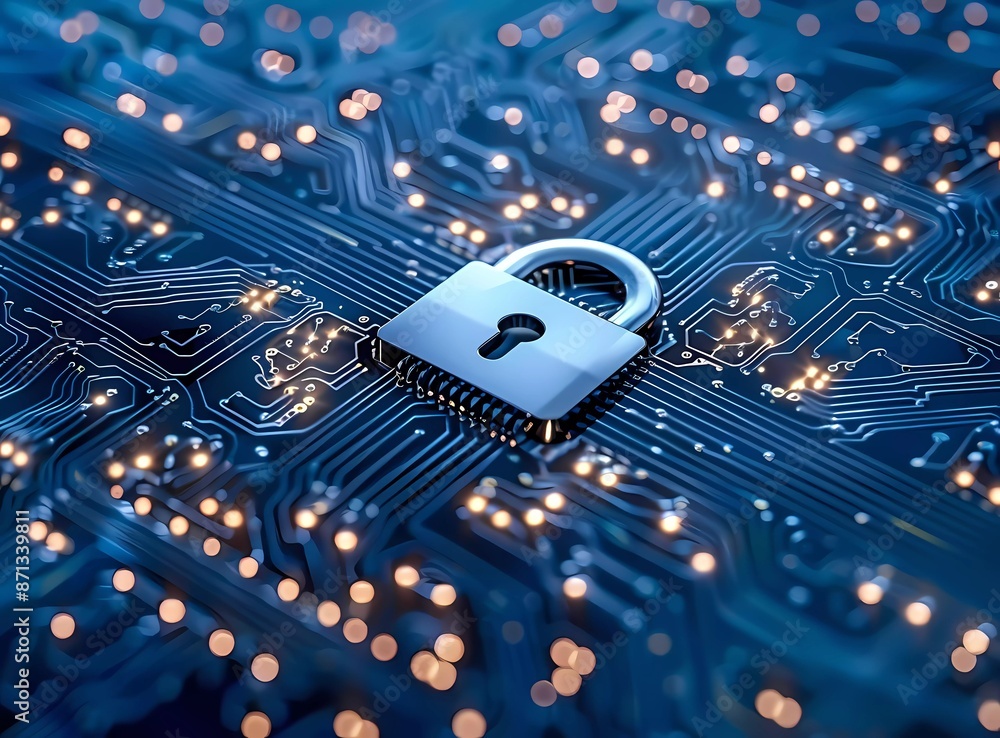 Poster cyber security and data protection concept with lock symbol on blue circuit board background, ai tec