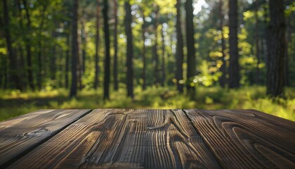 Wooden table in the middle of a sunny forest in summer