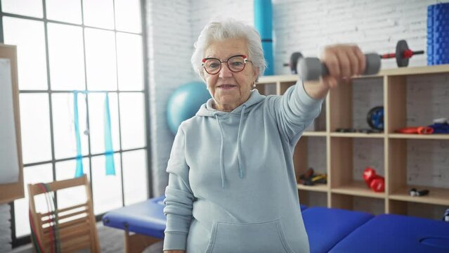 Elderly woman exercising in a modern physiotherapy clinic with gym equipment