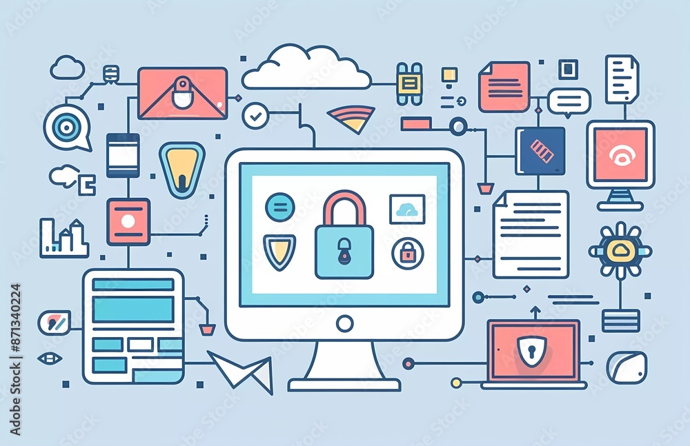 Poster flat vector illustration of computer, file and lock icons with security concept